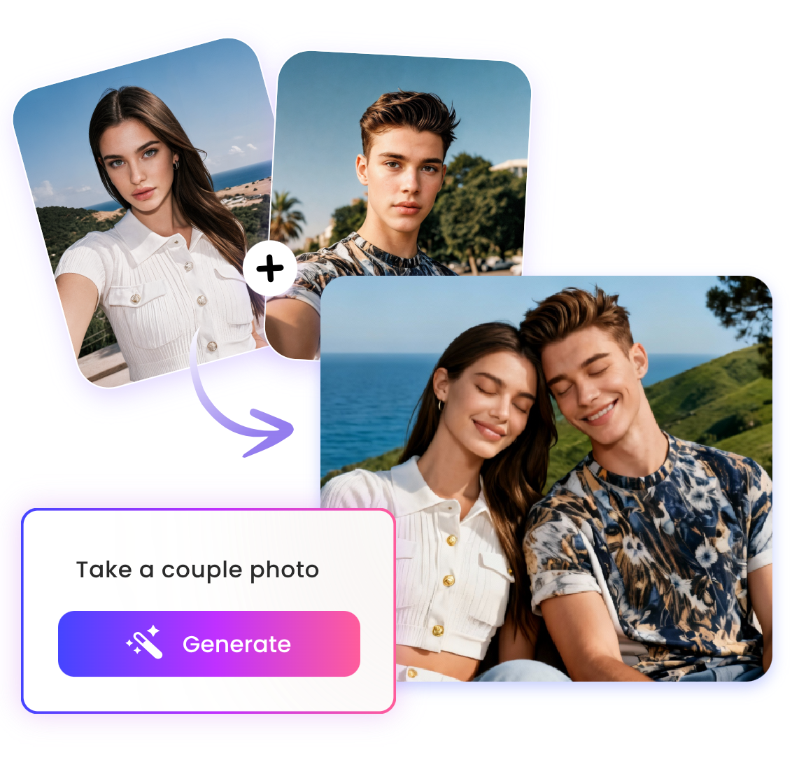 Make a couple picture from a two portraits and text description