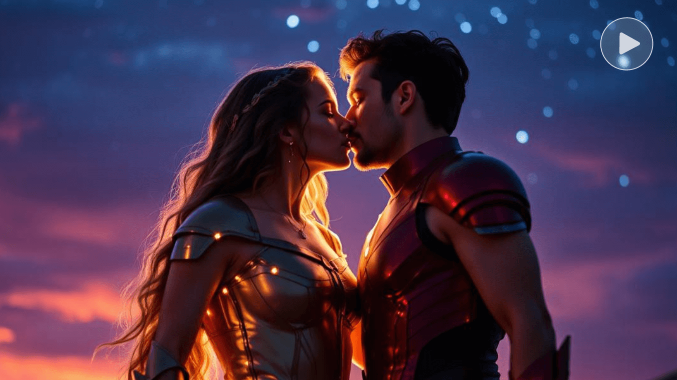 Make a female and male cartoon characters french kiss against a romantic backdrop