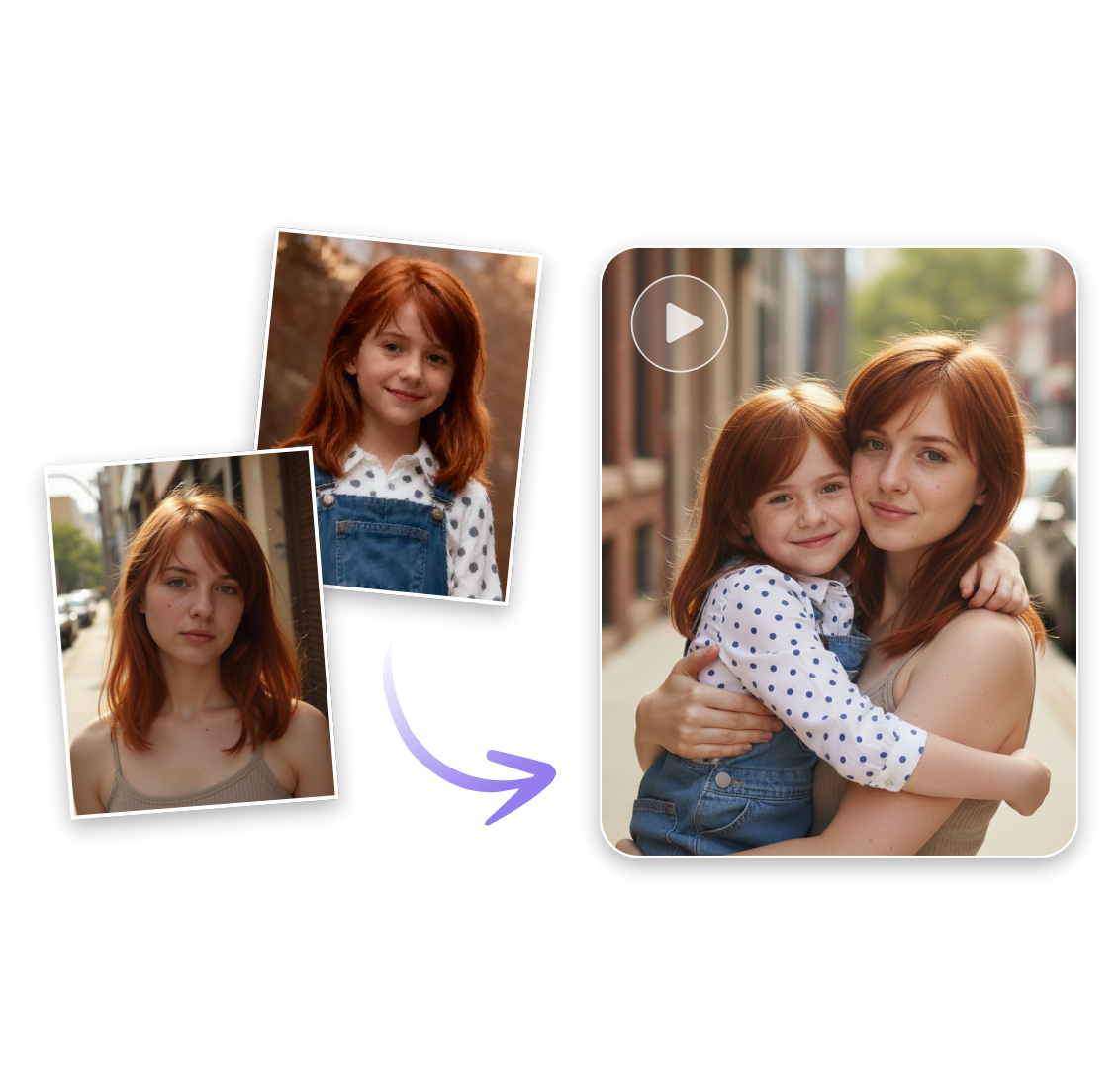 Make a hug younger self video with the gilr portrait and her younger self photo