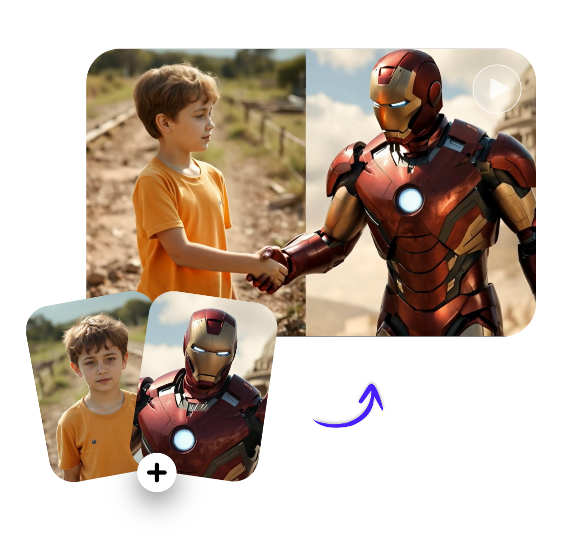 Make a photo of a kid and a picture of iron man shake hands in clipfly ai handshake video generator