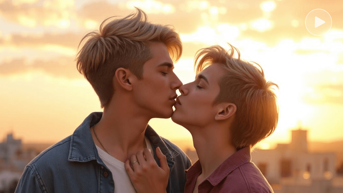 Make a photo of two young boys do french kiss