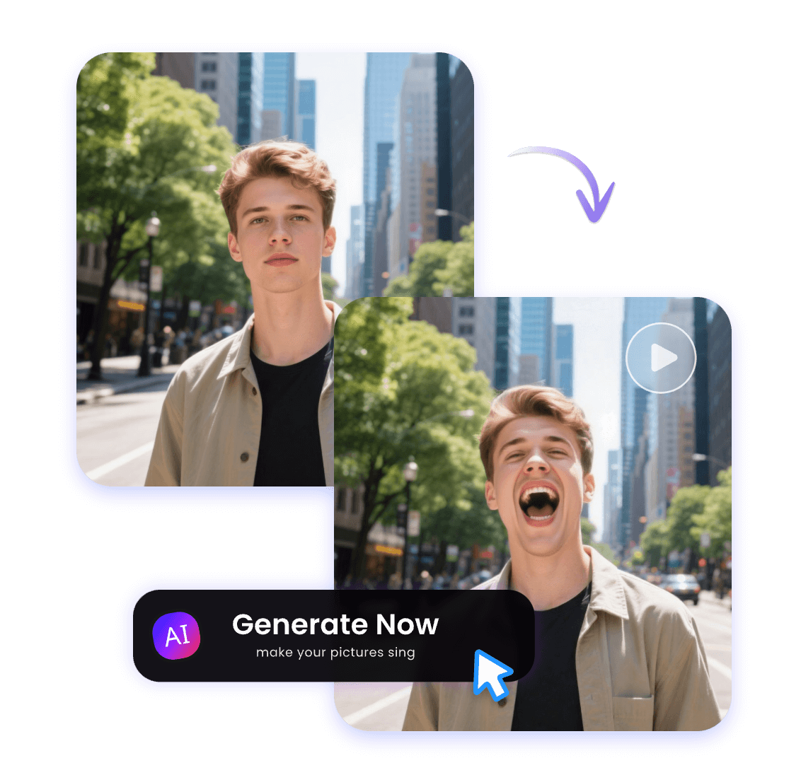 Make a picture of a man on the street sing just by clicking the generate button