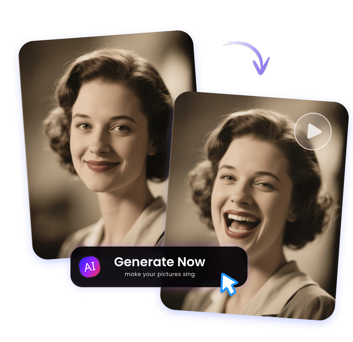Make an old photo of a beautiful woman sing with clipfly ai