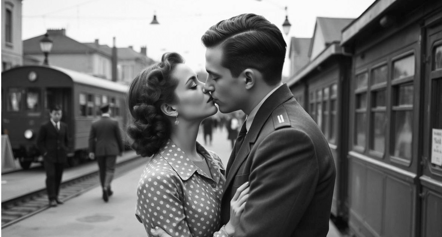 Make an old photo of a couple french kiss