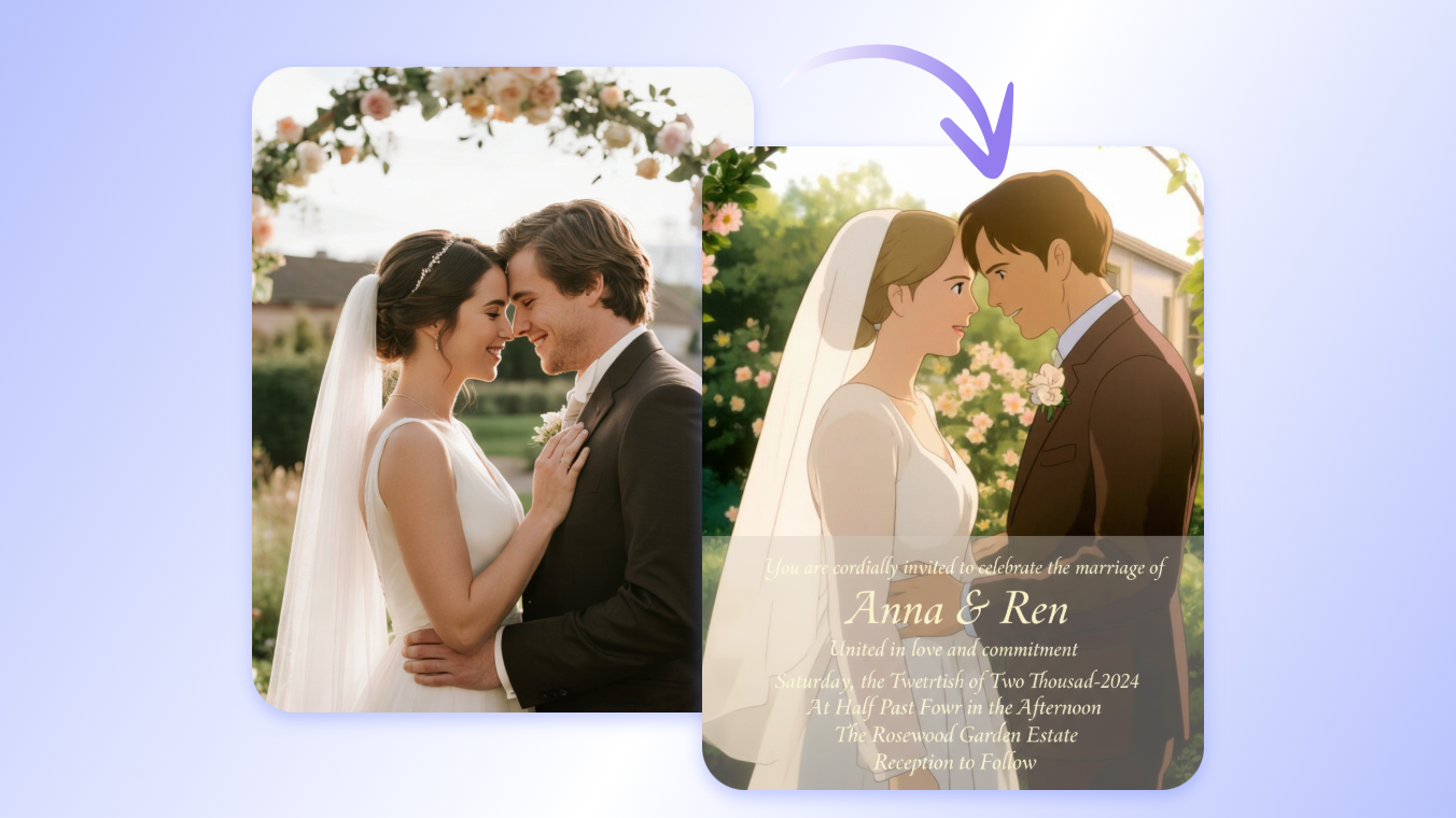 Make romantic wedding invitation for a young couple with clipfly ai couple creator