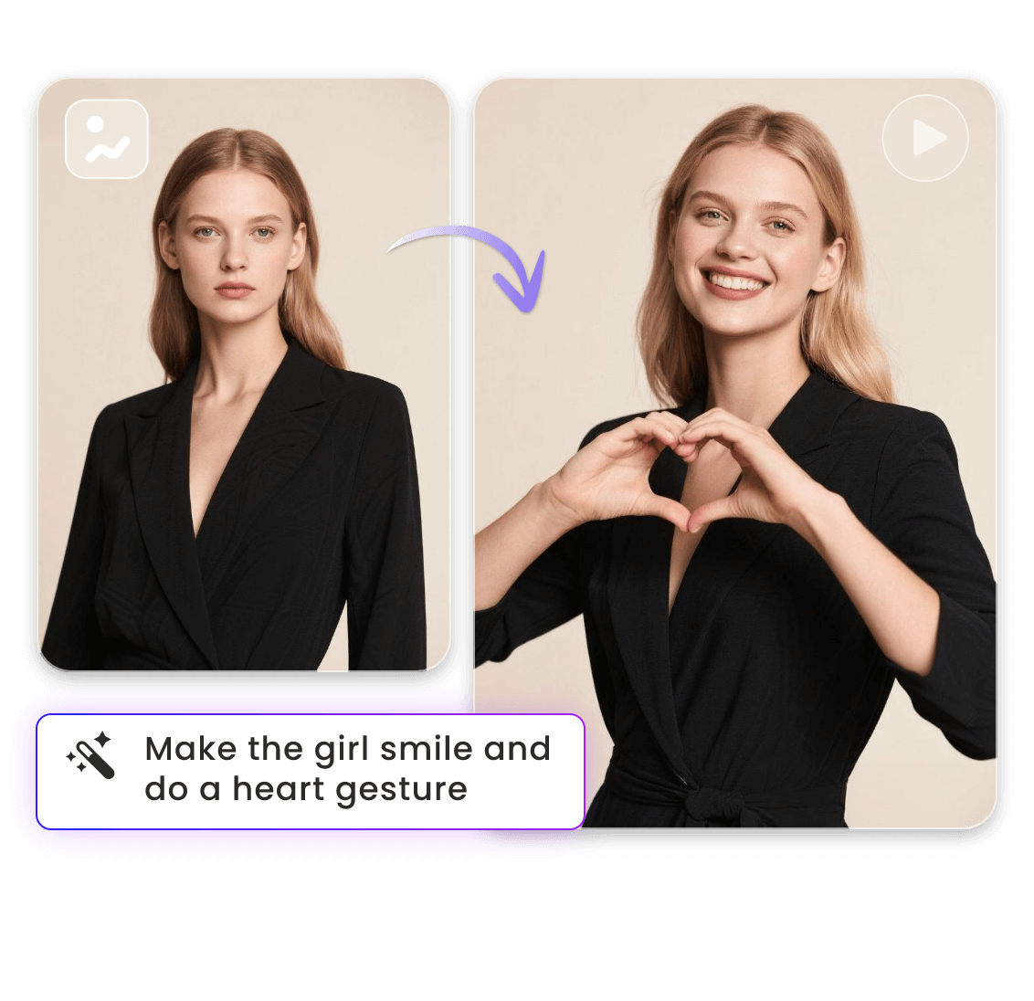 Make the woman on the image smile and do a heart gesture in the generated video using prompts