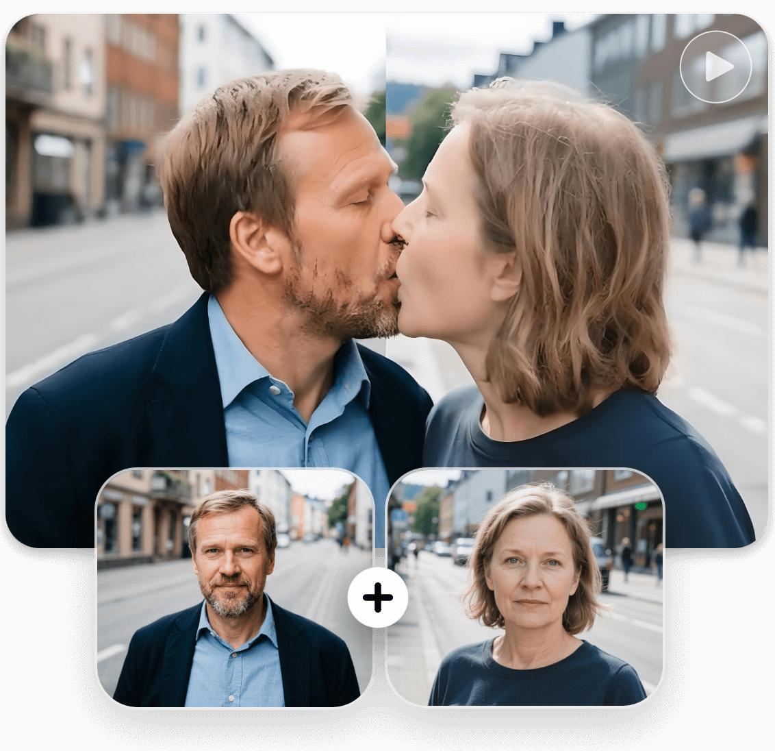 Make two portrait photos featuring a mature couple do french kiss
