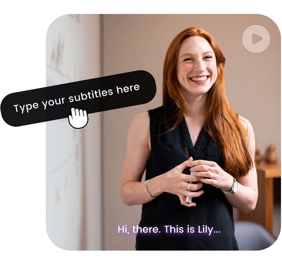 Manually add text to a video featuring a smiling woman and use the text as subtitles