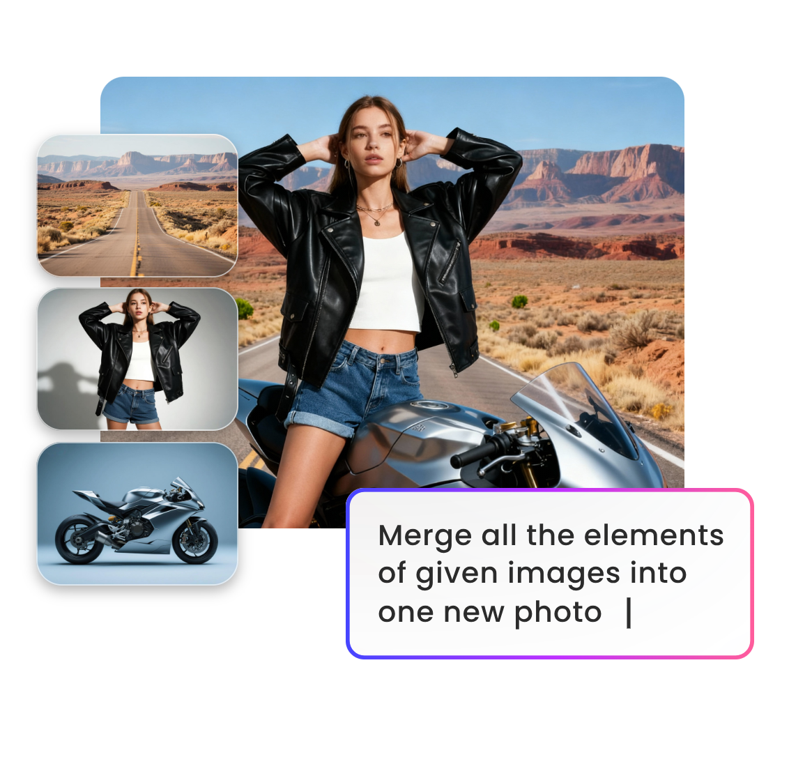 Merge different elememts in multiple images into one complete photo through prompt