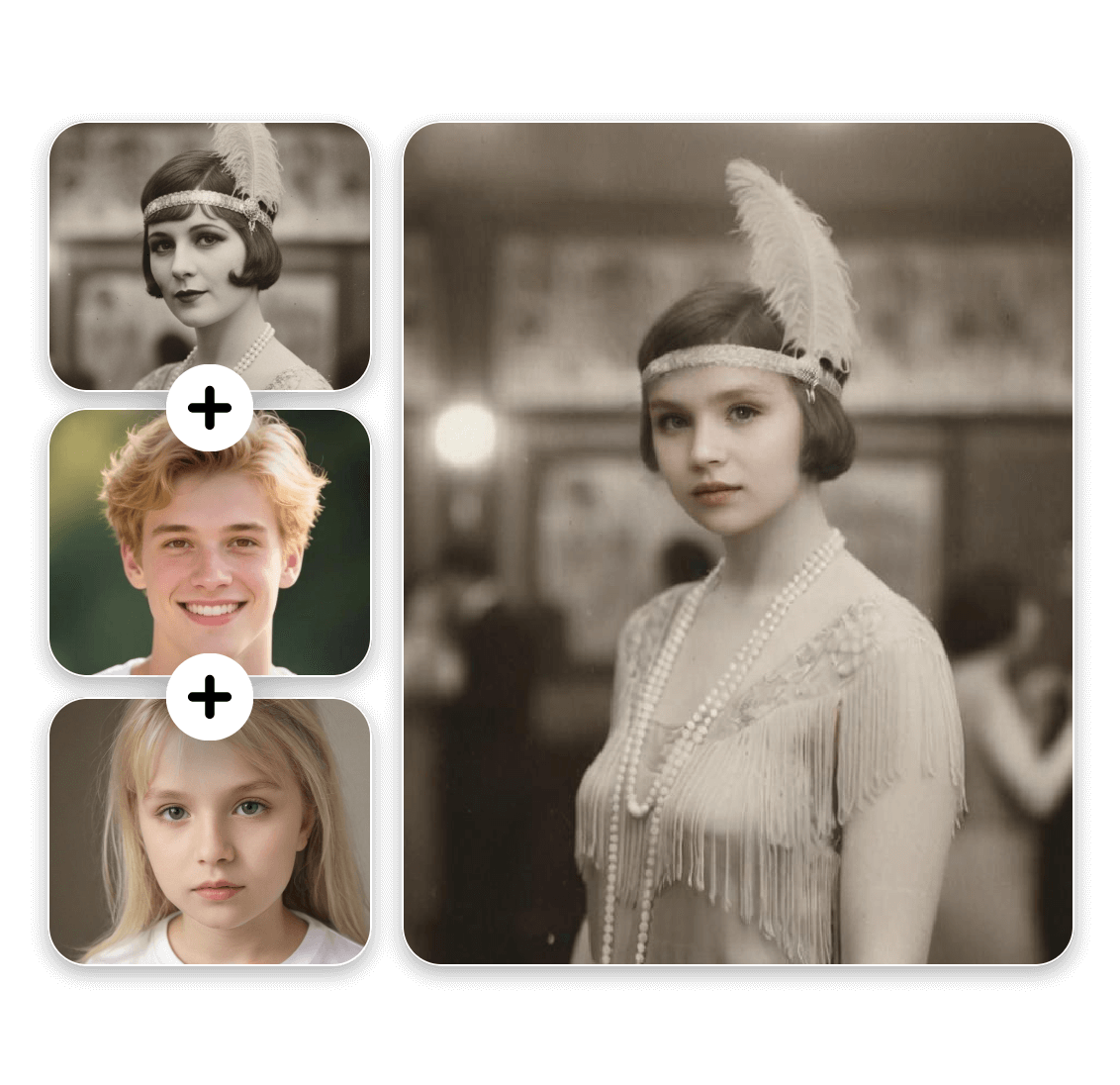 Merge three faces together into one new vintage portrait