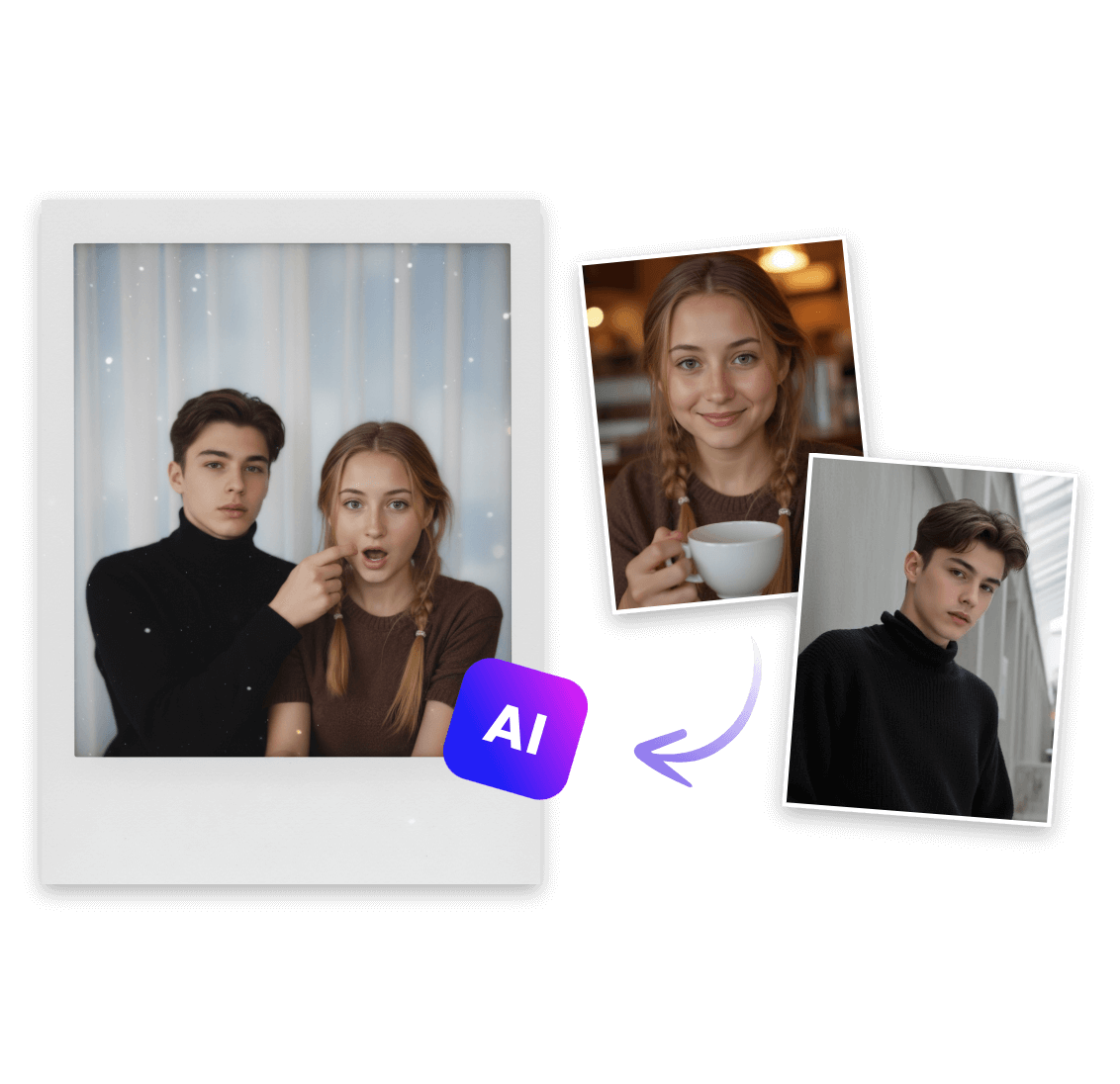 Merge two photos into one ai polaroid photo featuring a man pinching the face of a woman