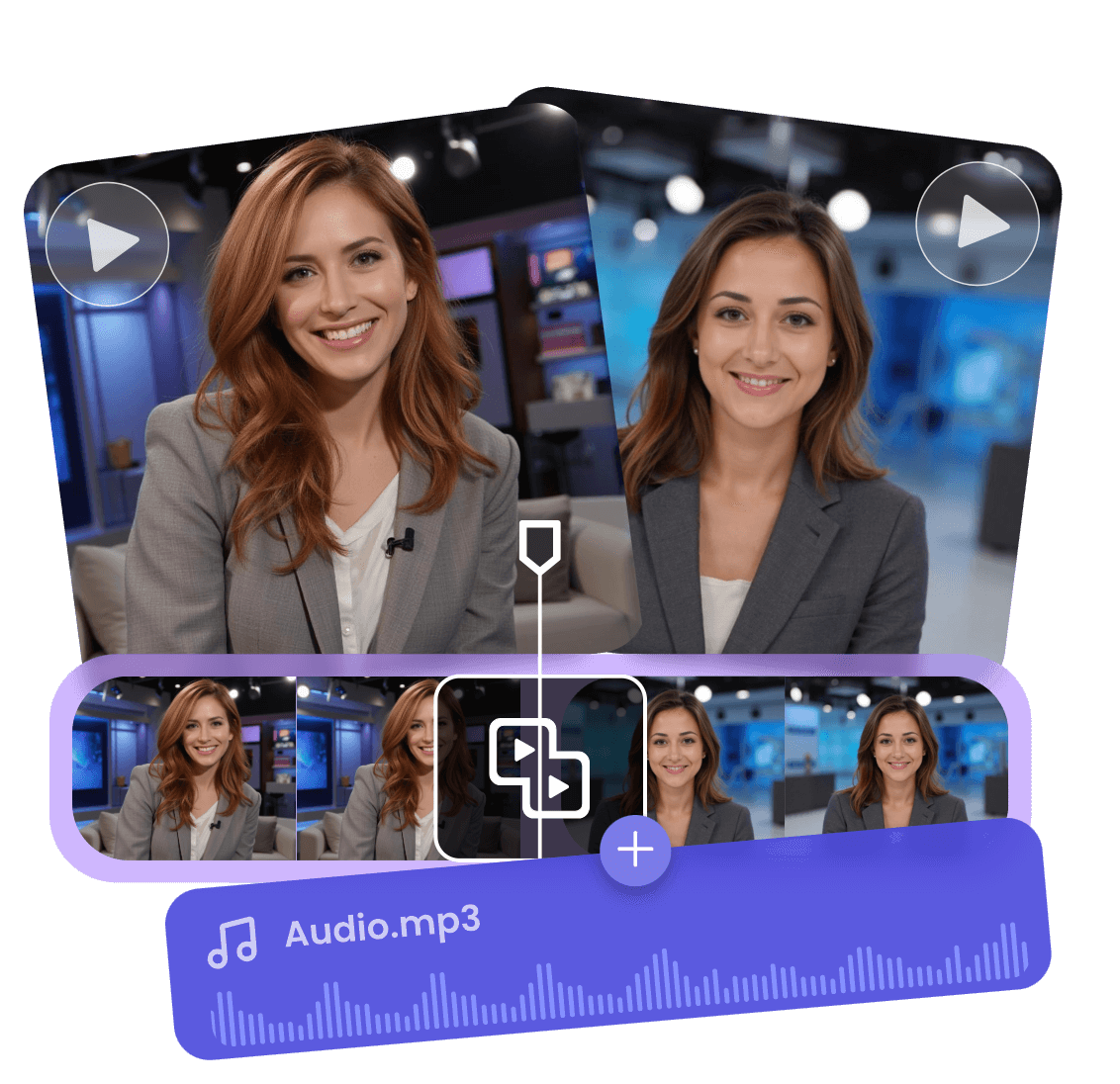 Merge two videos of female ai talking spokespersons into one film and add audio