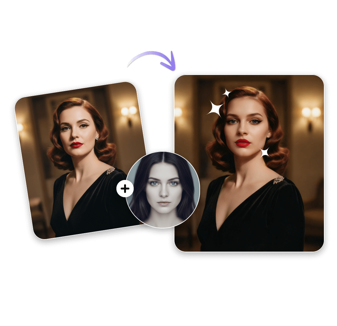 Morph a face of a girl with a fashion model with a black dress