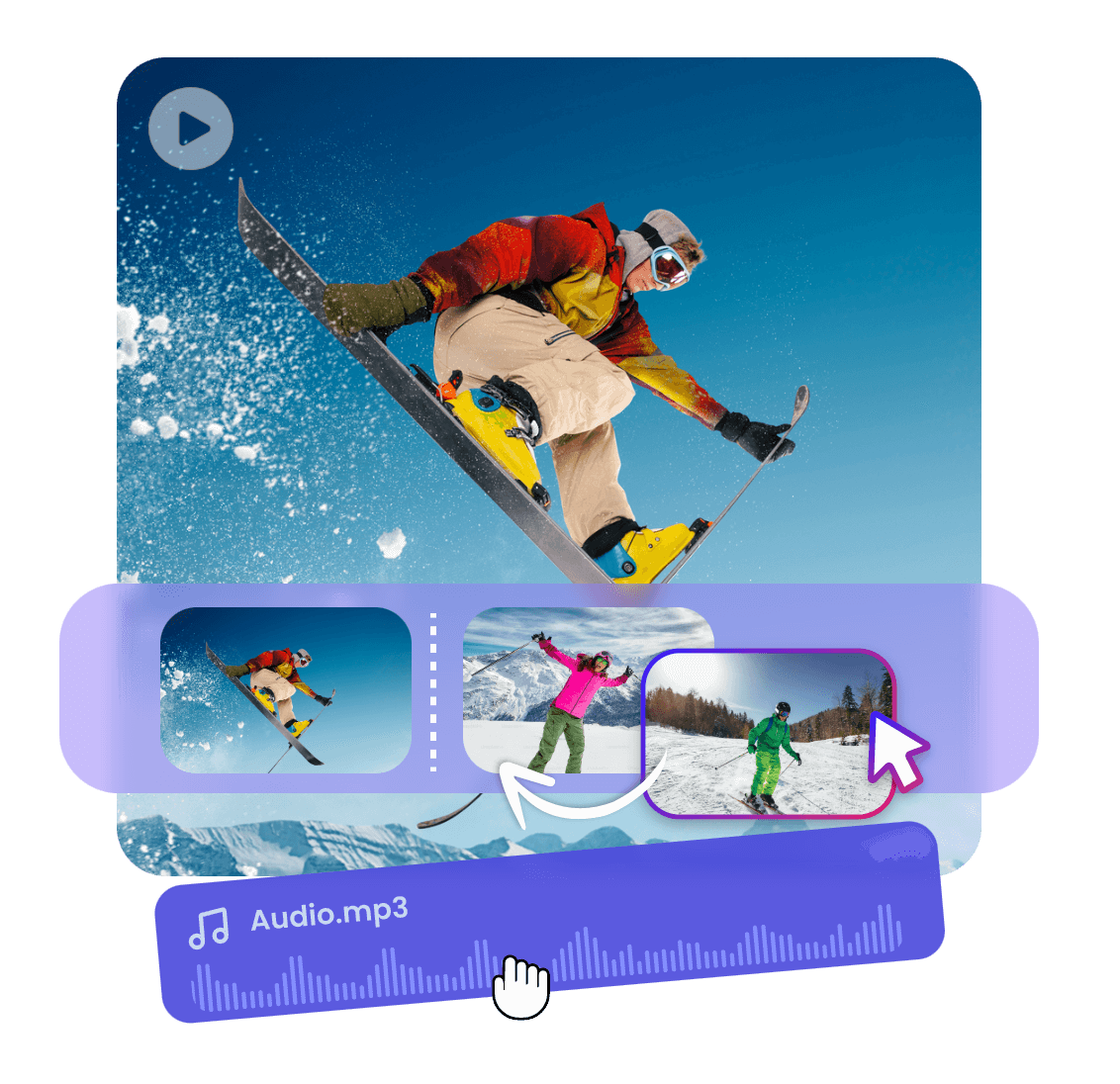 Move clips or add audio to a video featuring skiers
