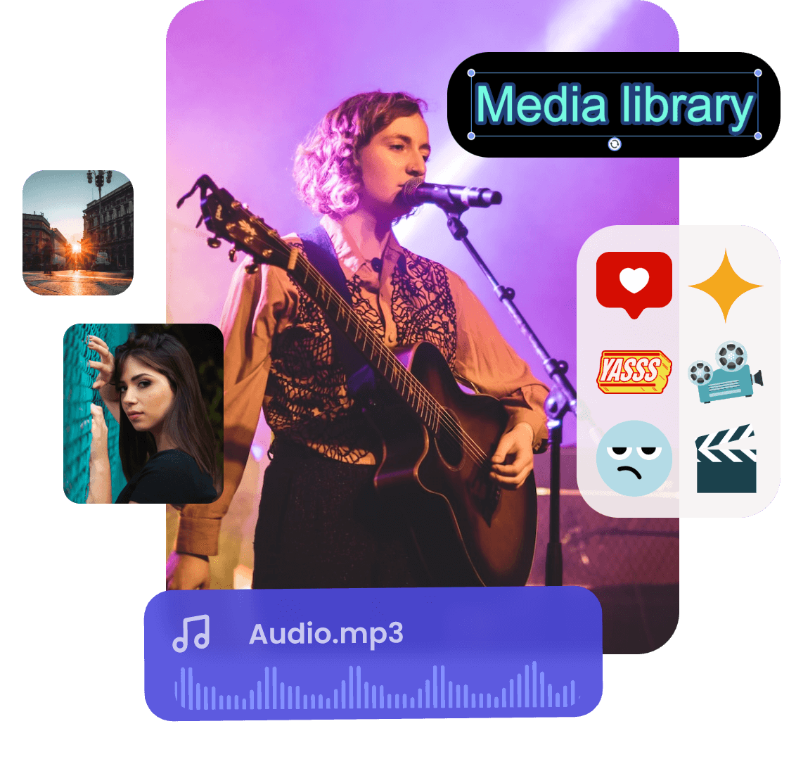 Personalize a youtube video of a performing girl with images text audio and stickers