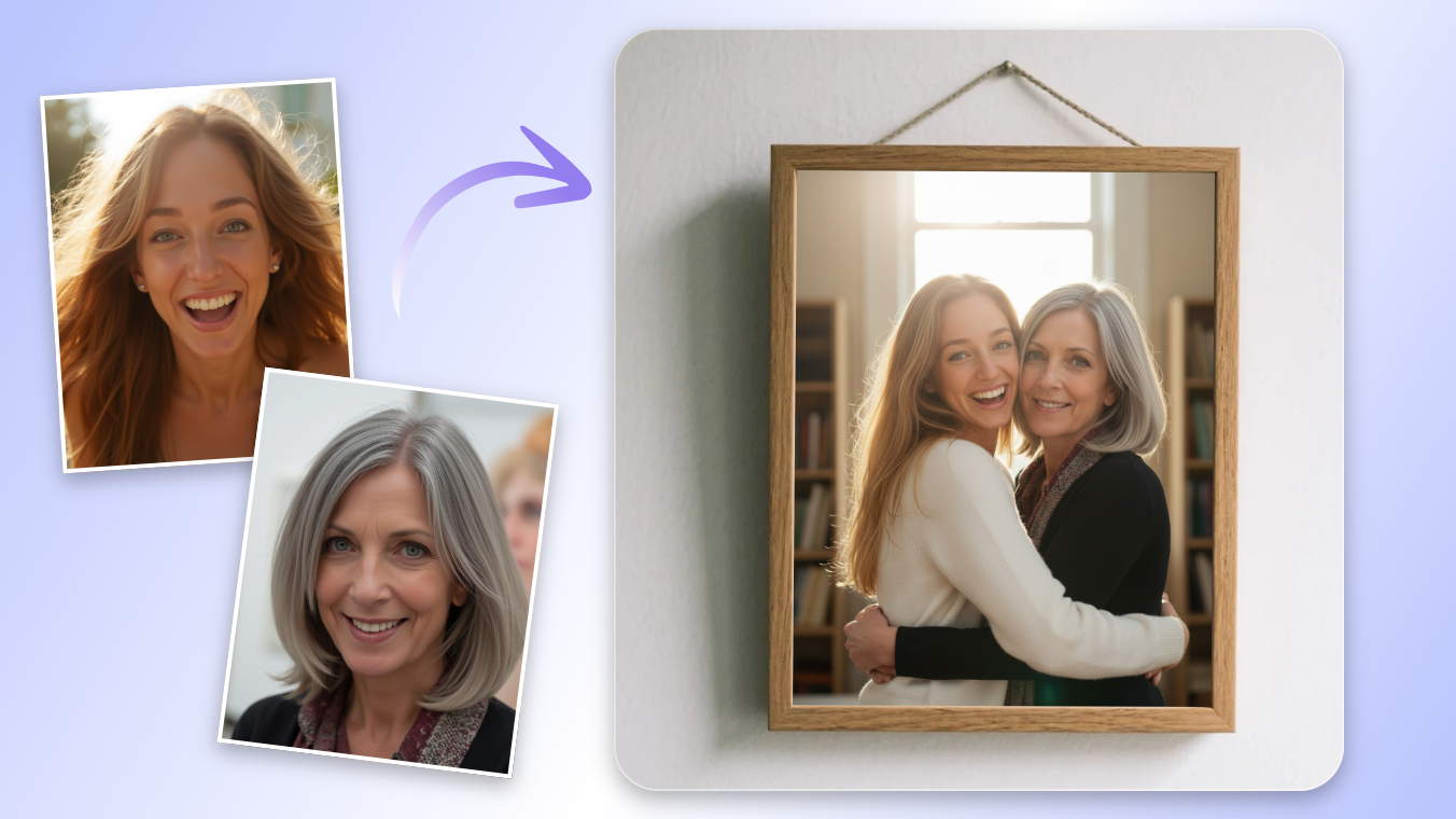 Printing a photo of an old woman hugging her younger self