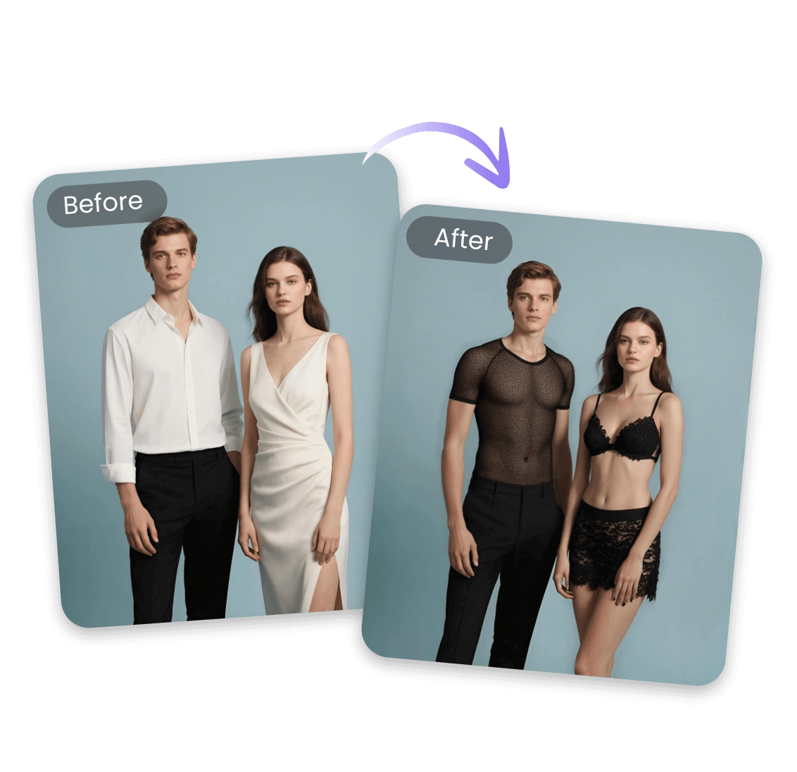 Kleidung von einem Paar entfernen und in durchsichtige und sexuelle Outfits verändern