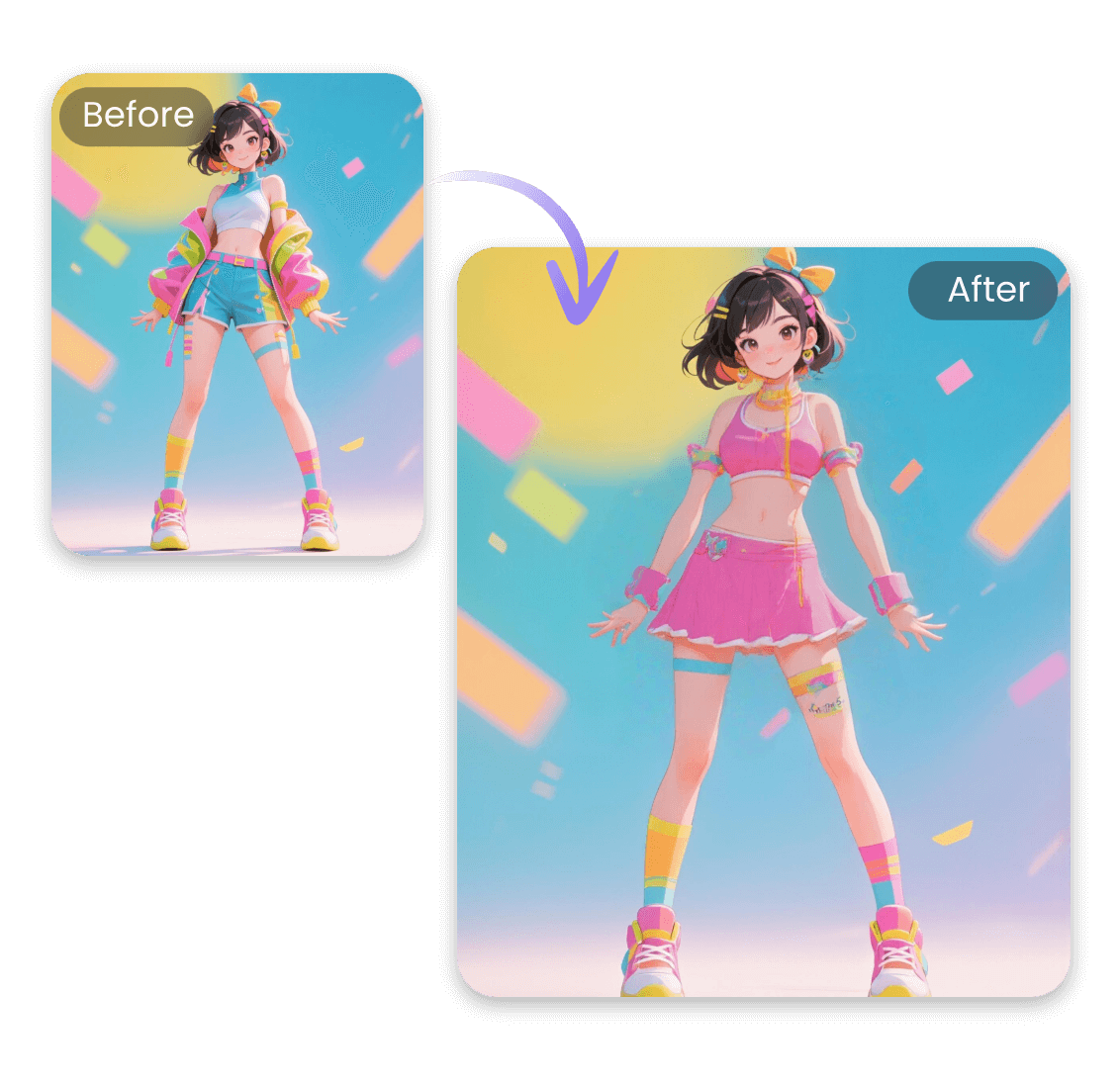 Das süße Outfit des Anime-Charakters entfernen und in einem pinken Kleider umwandeln