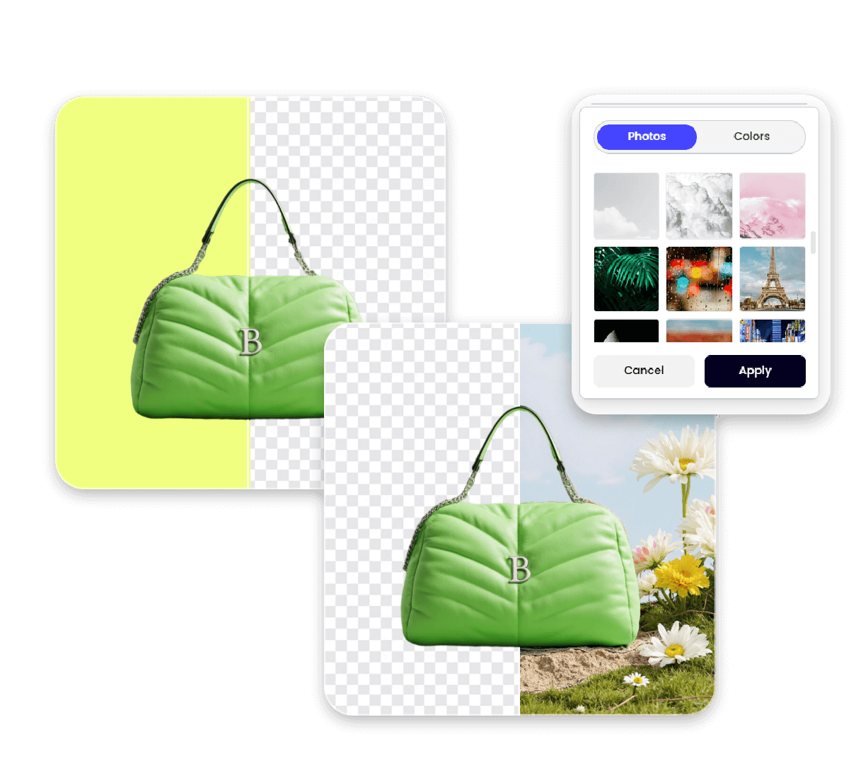 Remove and change image background with our photo background editor featuring a green bag