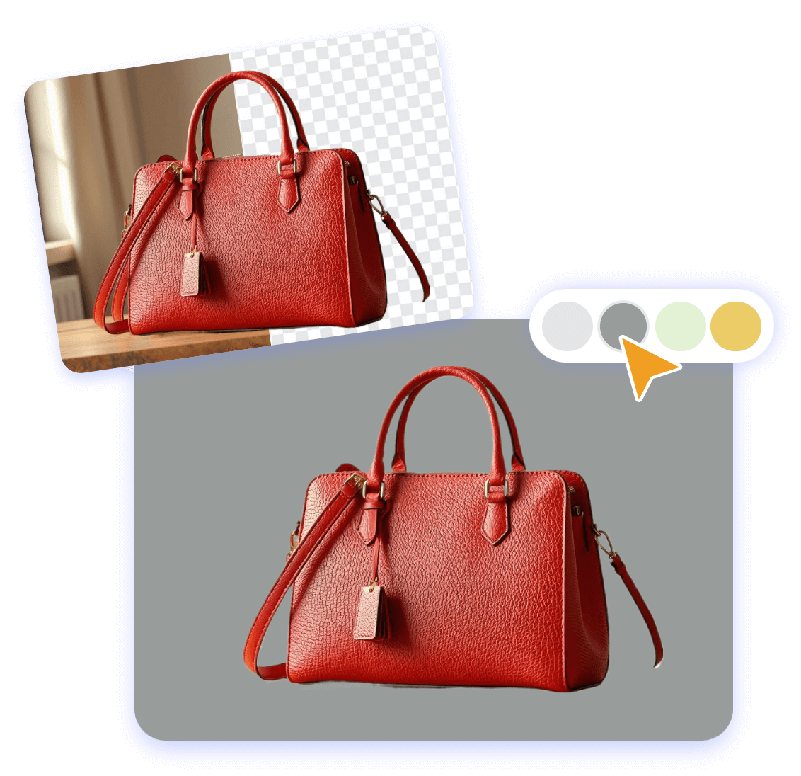 Remove background from a red bag product image and change it to solid gray