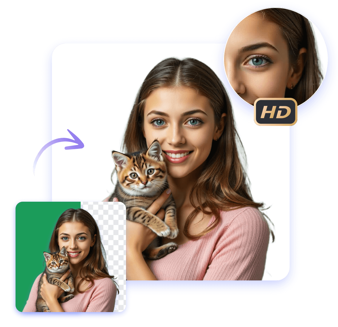 Remove background from an image of a girl and a cat and switch to white background with high quality