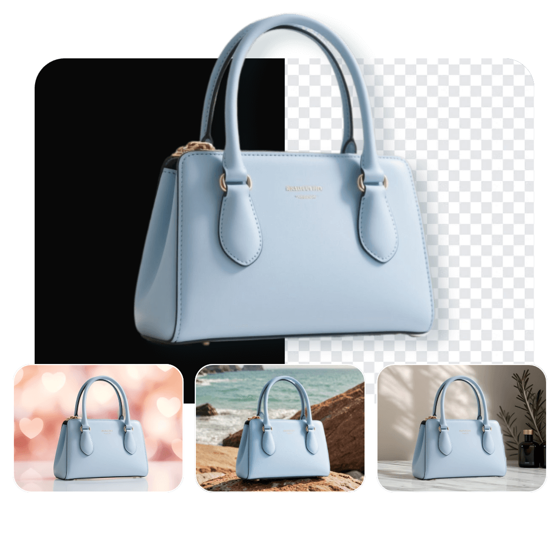 Remove black background from a photo of a blue bag and choose from our preset backdrops