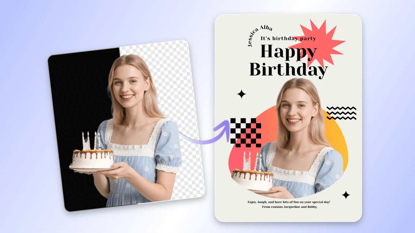 Remove black background from a photo of a lady holding a cake and edit it into a marketing poster