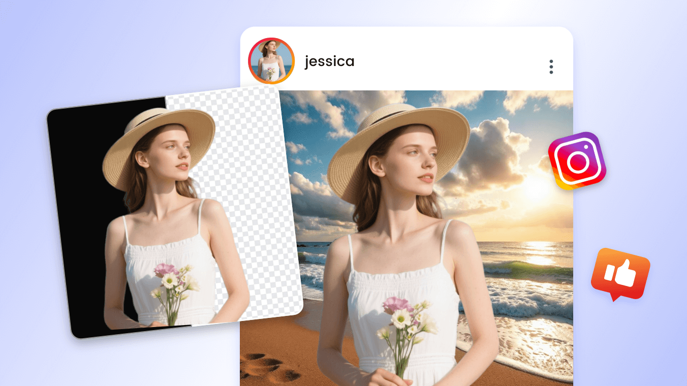 Remove black background from a photo of a lady with a hat and share it on social media