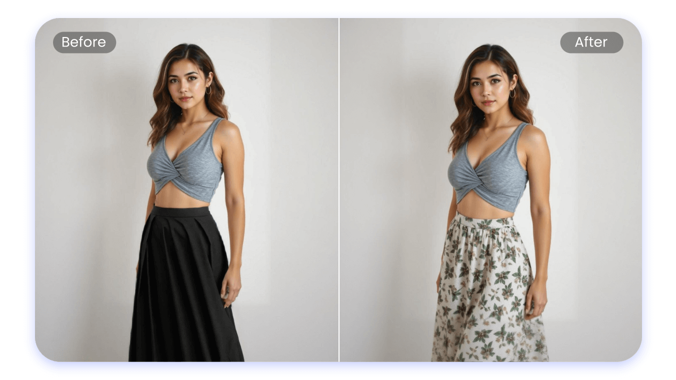 enlever la jupe noire de la fille et changez-la pour une jupe fleurie