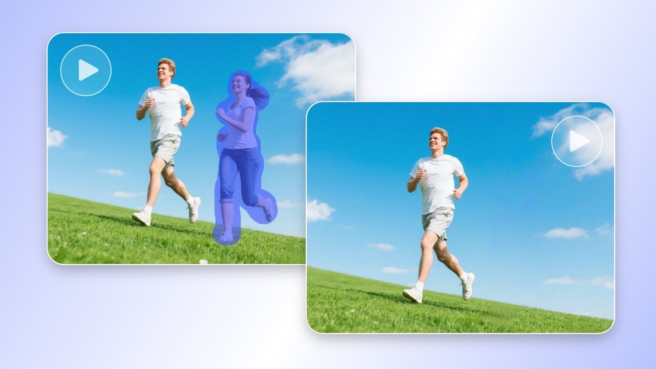 Remove object from a video with Clipfly featuring a man and a woman running on the grass