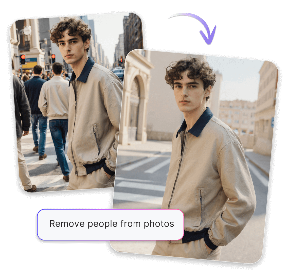 Remove people from the background of a photo of a man using custom prompts