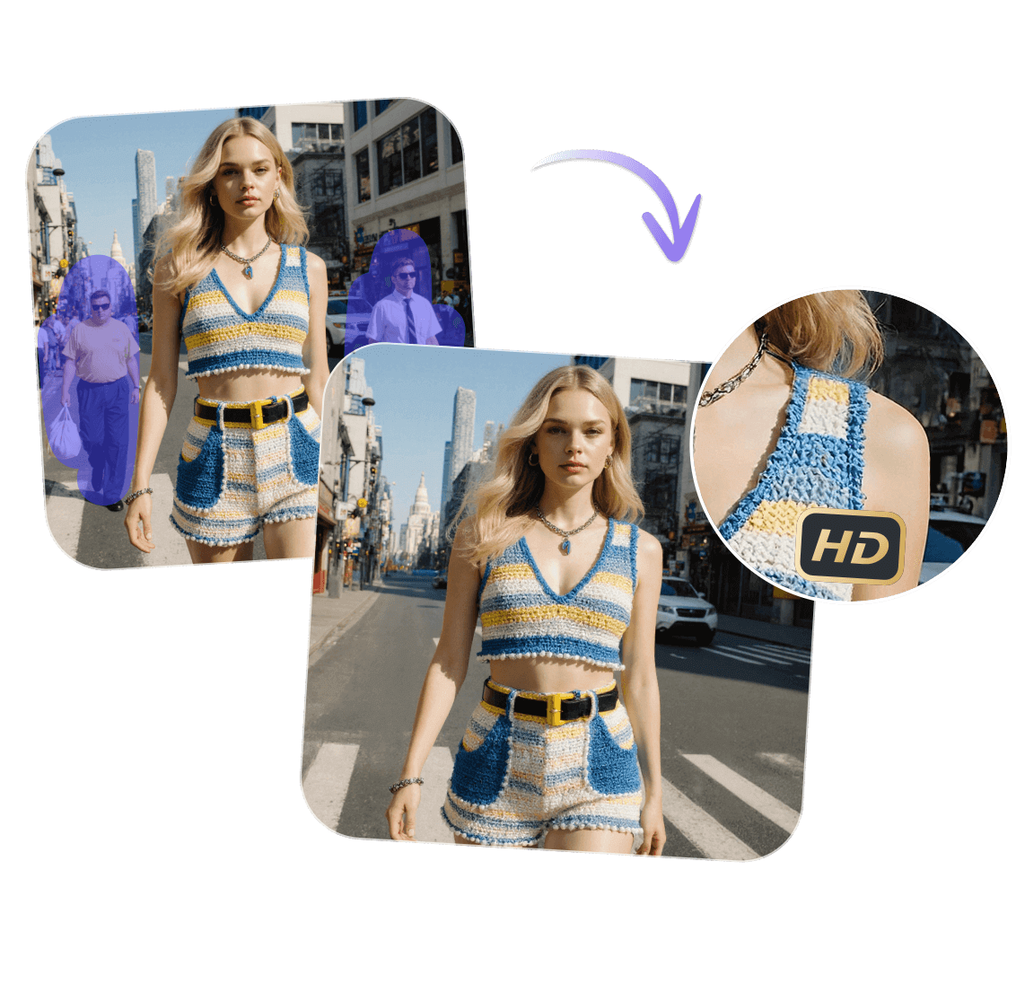 Remove people from the background of a photo of a woman without losing quality