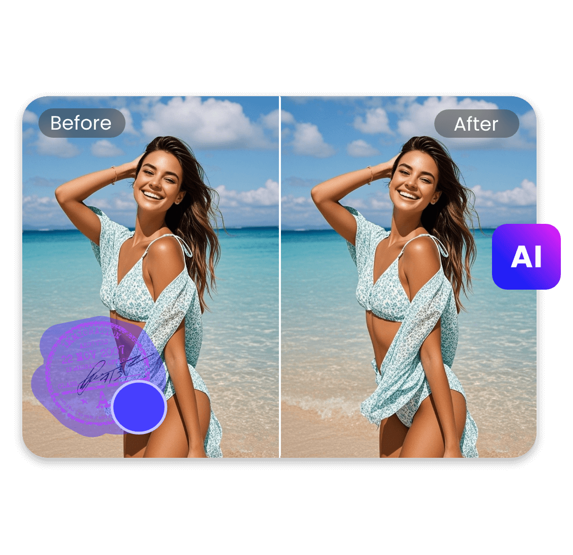 Remove stamp from a photo of a beautiful girl on the beach