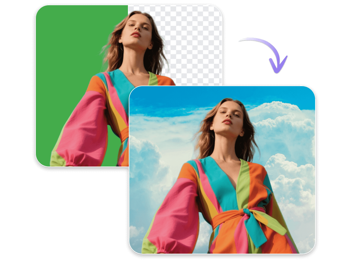 Remove the green screen background from a picture of a girl and replace it with a creative ai background