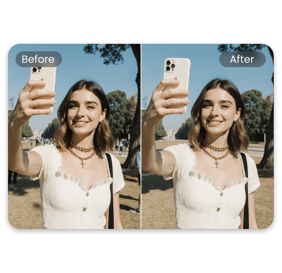 Remove unwanted people in the background of a womans selfie
