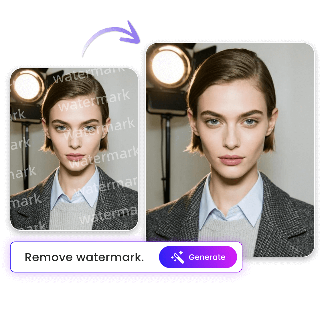 Remove watermark from a photo of a beautiful woman with clipfly using text prompt