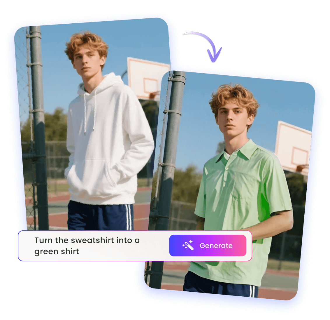 Replace a handsome boy white sweatshirt to a green shirt