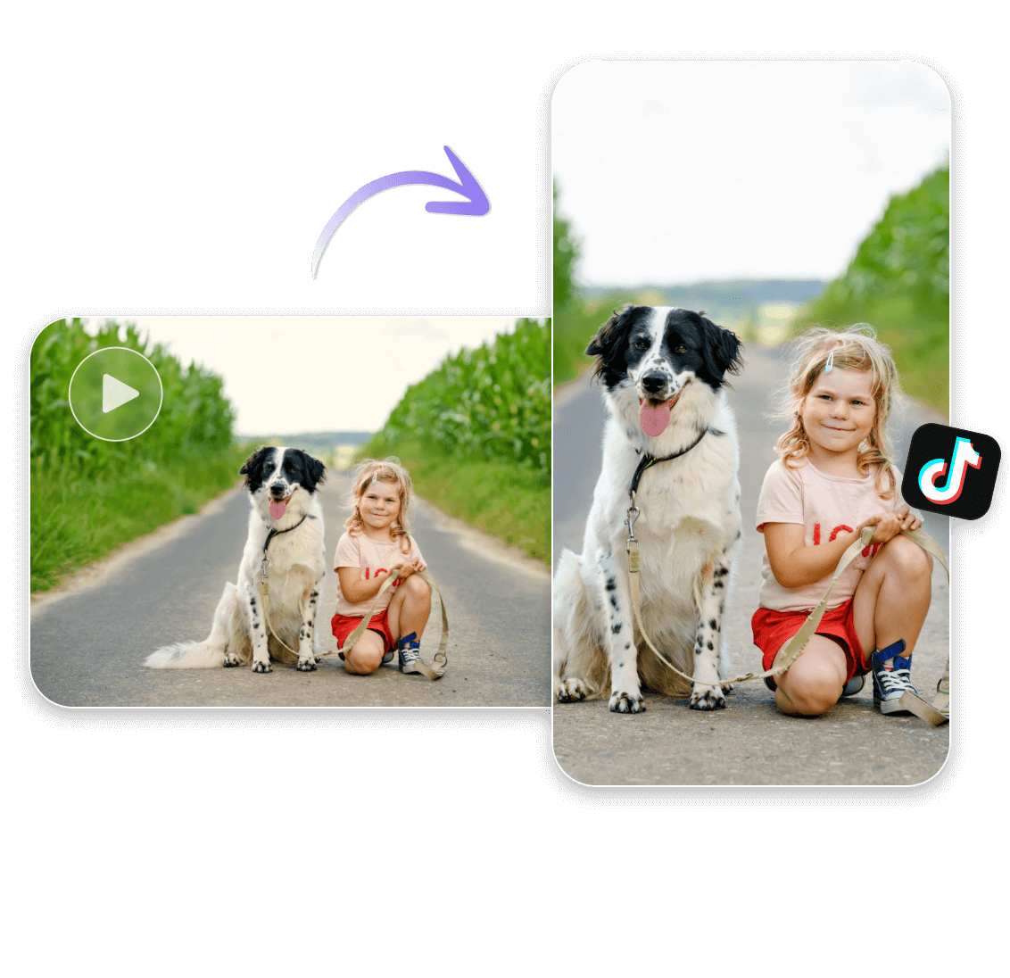 Resize a horizontal video of a little girl and a dog into a vertical tiktok video