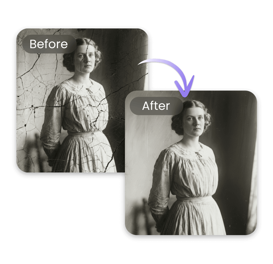 Restore a damaged old photo of a woman