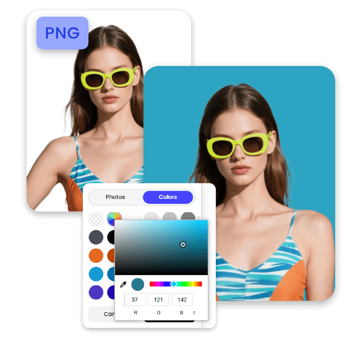 Select from our various options in clipfly color palette and change the bg color of a png photo of a girl wearing sunglasses