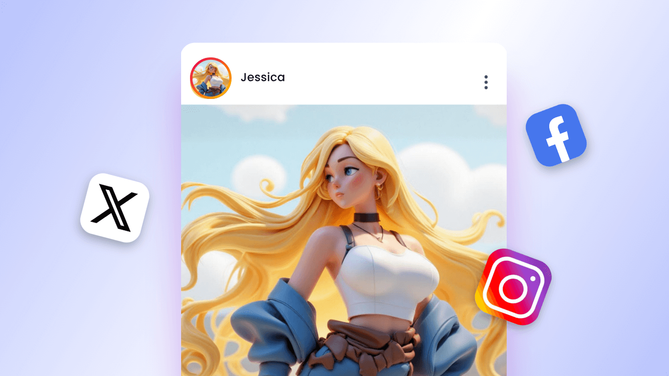 Share a 2d to 3d female character image on social media