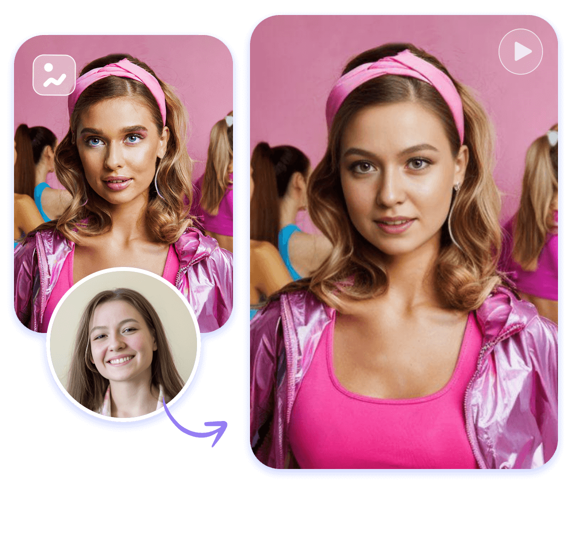 Troca de rostos em vídeos gerados com uma barbie girl com um clique no criador de vídeos com IA Clipfly