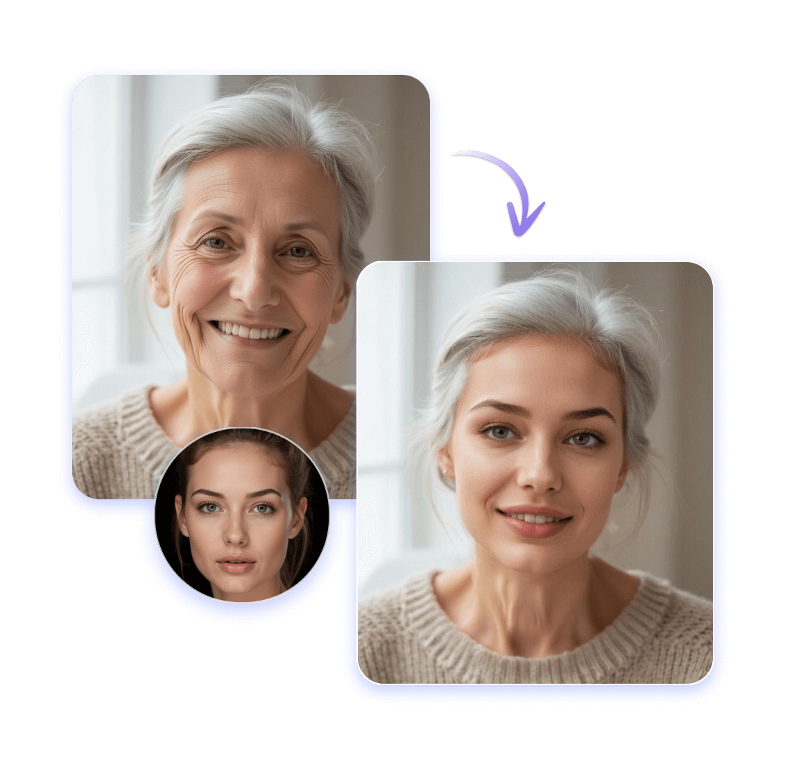 Swap the body of a woman with a version of herself at a different age