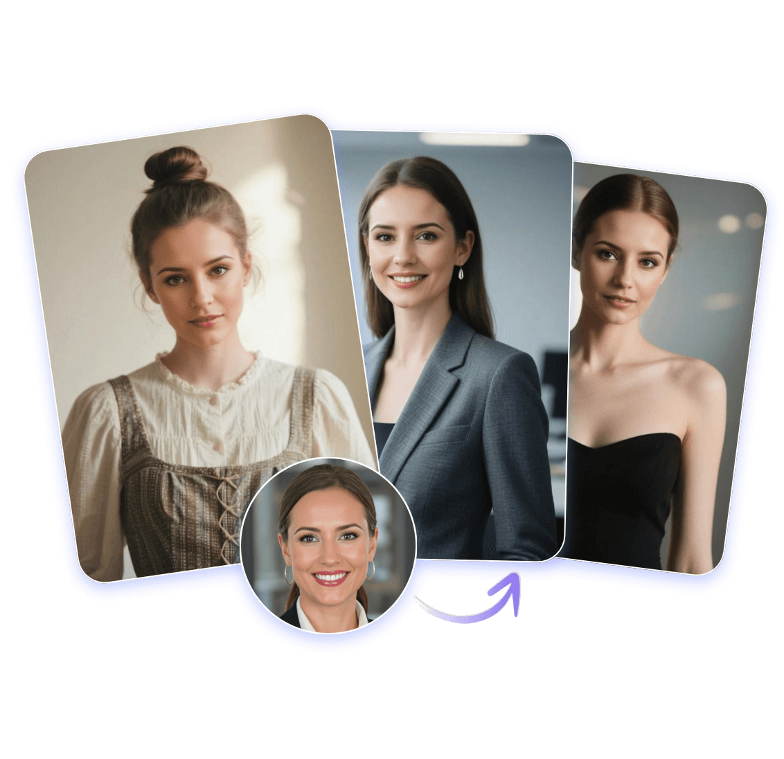 Swap the body of a woman with another woman in different outfits to achieve a virtual outfit change