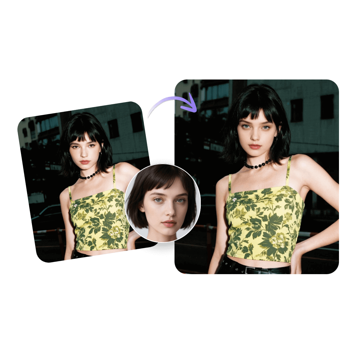 Swap the face of a beautiful girl onto a girl wearing a green camisole