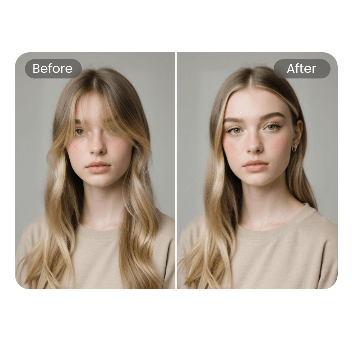 The before and after effect of a girl pulling hair hair back to improve the face symmetry test score