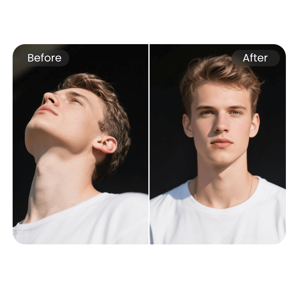 The before and after effect of adjusting the camera angle of a photo of a man to improve face symmetry face test