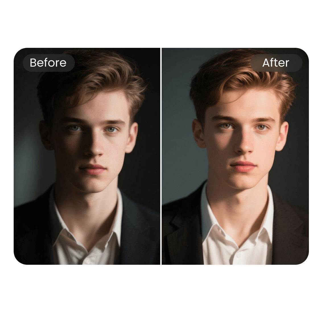 The before and after effect of adjusting the lighting of a picture of a man