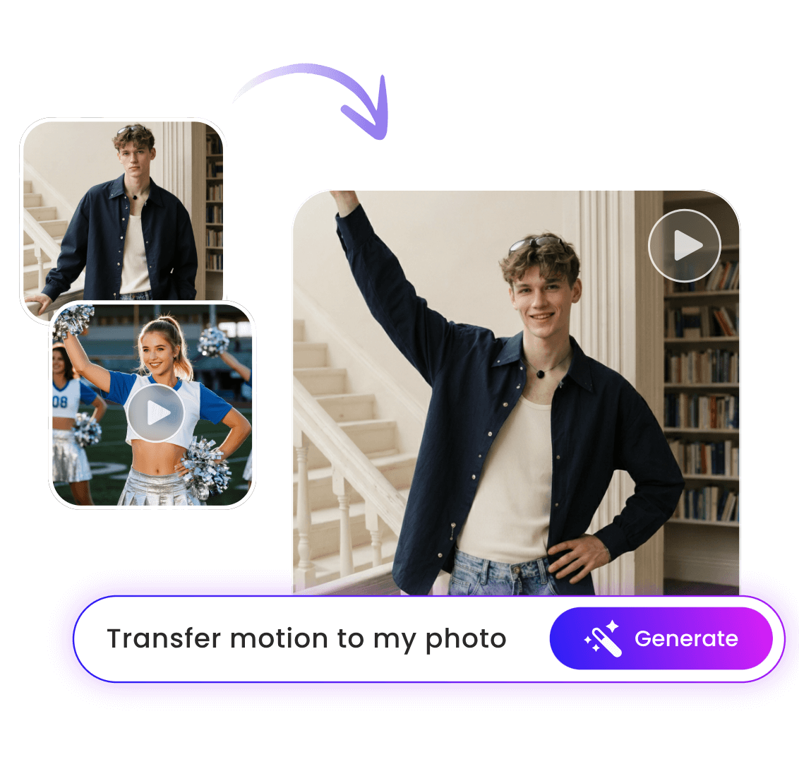 Transfer the movements of a cheerleader video to a boy photo