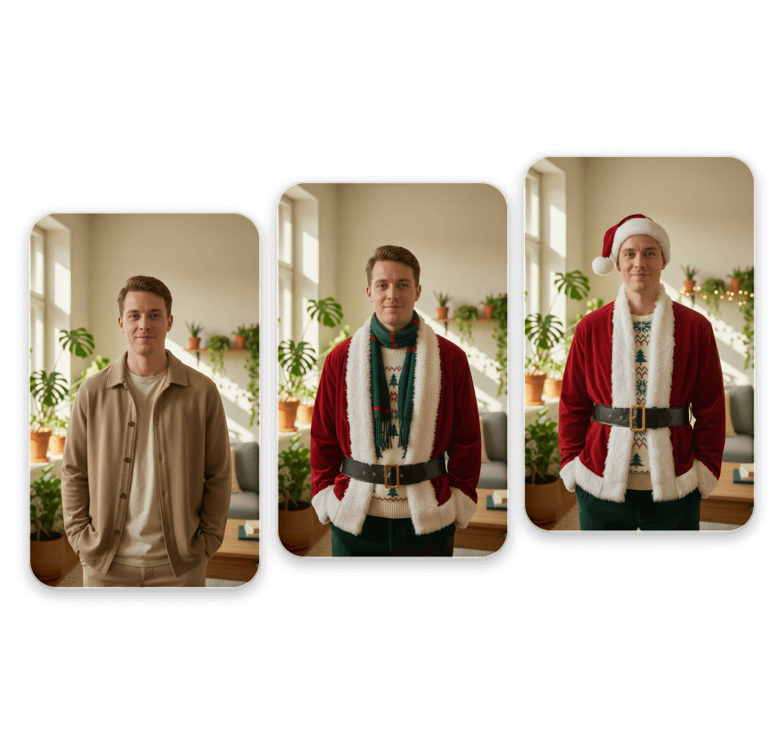 Essayer des tenues de Noël et des bonnets du Père Noël